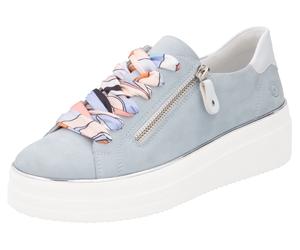 Plateausneaker REMONTE, Damen, Gr. 41, weiß (hellblau, weiß), Veloursleder, kontrastfarbene Details, Schuhe Plateausneaker, Freizeitschuh, Halbschuh, Schnürschuh mit seitlichem Reißverschluss, Topsell
