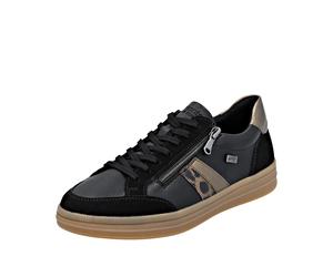 Plateausneaker REMONTE "Elisabeth Hurley-Collection", Damen, Gr. 36, schwarz (schwarz, bronzefarben), Glattleder, Veloursleder, Schuhe Plateausneaker, Schnürschuh, Halbschuh mit wasserabweisender TEX-