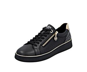 Plateausneaker REMONTE "Elisabeth Hurley-Collection", Damen, Gr. 42, gold (schwarz, goldfarben), Leder, Lederimitat, kontrastfarbene Details, Schuhe Plateausneaker, Schnürschuh, Halbschuh, Freizeitsch