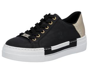 Plateausneaker RIEKER, Damen, Gr. 41, schwarz (schwarz, goldfarben), Lederimitat, Schuhe Skaterschuh Sneaker low, mit Metallic-Fersenkappe, Freizeitschuh, Halbschuh, Schnürschuh (30777021-41) schwarz,