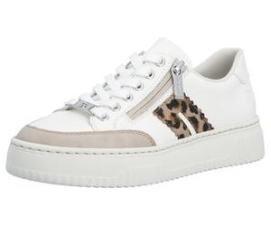 Plateausneaker RIEKER, Damen, Gr. 43, beige (weiß, leo), Glattleder, Schuhe Plateausneaker, Halbschuh, Schnürschuh, Casual-Sneaker mit leo-Besatz (86669032-43) weiß, leo