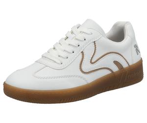 Plateausneaker RIEKER SPORT, Damen, Gr. 38, gelb (weiß, camelfarben), Lederimitat, Schuhe Plateausneaker, Freizeitschuh, Halbschuh, Schnürschuh in veganer Verarbeitung (65964943-38) weiß, camelfarben