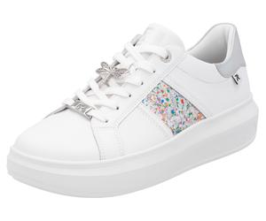 Plateausneaker RIEKER SPORT, Damen, Gr. 39, bunt (weiß multi, schmucklibelle), Leder, kontrastfarbene Details, Schuhe Plateausneaker, mit stylischen Metallic-Details, Freizeitschuh, Halbschuh, Schnürs