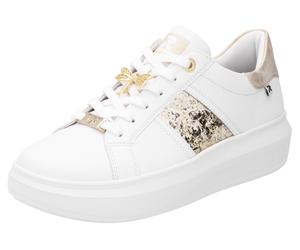 Plateausneaker RIEKER SPORT, Damen, Gr. 41, weiß (weiß, goldfarben, schmucklibelle), Leder, Schuhe Plateausneaker, mit stylischen Metallic-Details, Freizeitschuh, Halbschuh, Schnürschuh (58409254-41)