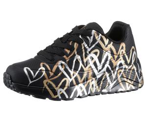 Plateausneaker SKECHERS "Skechers x JGoldcrown: Uno Lite - Metallic Love", Mädchen, Gr. 38, schwarz (schwarz kombiniert), Lederimitat, Glitzer, metallic, Schuhe Plateausneaker, Schnürschuh, Keilsneake