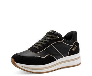 Plateausneaker TAMARIS, Damen, Gr. 36, schwarz, Lederimitat, Textil, Schuhe Plateausneaker, Freizeitschuh, Halbschuh, Schnürschuh mit Kontrast-Paspellierung (33271466-36) schwarz