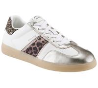 Plateausneaker TAMARIS, Damen, Gr. 36, weiß, silberfarben kombiniert, Leder, Lederimitat, Textil, Glitzer, animal-print, Schuhe Plateausneaker, Freizeitschuh, Halbschuh, Schnürschuh mit Glitter an der