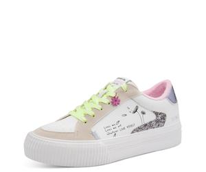 Plateausneaker TAMARIS, Damen, Gr. 37, beige (weiß kombiniert), Lederimitat, Textil, kontrastfarbene Details, Schuhe Plateausneaker, Freizeitschuh, Halbschuh, Schnürer mit Kontrastbesätzen und Glitzer