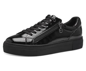Plateausneaker TAMARIS, Damen, Gr. 37, schwarz (schwarz lack), Lacklederimitat, glänzend, unifarben, Schuhe Plateausneaker, Freizeitschuh, Halbschuh, Schnürschuh mit T-Logoanhänger (95238930-37) schwa
