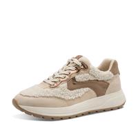 Plateausneaker TAMARIS, Damen, Gr. 39, beige, Lederimitat, Textil, Ziegenveloursleder, Fellimitat, kontrastfarbene Details, mehrfarbig, Schuhe Plateausneaker, Freizeitschuh, Halbschuh, Schnürer mit Te