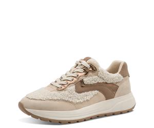 Plateausneaker TAMARIS, Damen, Gr. 39, beige, Lederimitat, Textil, Ziegenveloursleder, Fellimitat, kontrastfarbene Details, mehrfarbig, Schuhe Plateausneaker, Freizeitschuh, Halbschuh, Schnürer mit Te