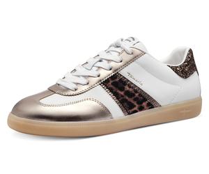 Plateausneaker TAMARIS, Damen, Gr. 39, silber (weiß, silberfarben kombiniert), Leder, Lederimitat, Textil, Glitzer, Schuhe Plateausneaker, Freizeitschuh, Halbschuh, Schnürschuh mit Glitter an der Fers