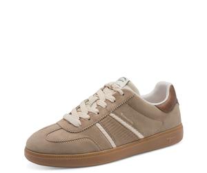 Plateausneaker TAMARIS, Damen, Gr. 41, grau (taupe), Lederimitat, Textil, Veloursleder, kontrastfarbene Details, Schuhe Plateausneaker, Freizeitschuh, Halbschuh, Schnürschuh mit gepolstertem Schaftran