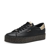 Plateausneaker TAMARIS, Damen, Gr. 41, schwarz, goldfarben, Lederimitat, glänzend, unifarben mit Farbeinsatz, Schuhe Plateausneaker, Freizeitschuh, Halbschuh, Schnürschuh mit Textilkordel am Plateau,