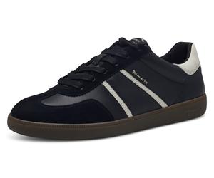 Plateausneaker TAMARIS, Damen, Gr. 42, schwarz (schwarz, kombiniert), Leder, Lederimitat, kontrastfarbene Details, unifarben mit Farbeinsatz, Schuhe Plateausneaker, Freizeitschuh, Halbschuh, Schnürsch
