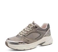 Plateausneaker TAMARIS "GREY GLAM", Damen, Gr. 38, beige (grau), Lederimitat, Textil, Mesh, glänzend, metallic, Basic, Schuhe Plateausneaker, Freizeitschuh, Halbschuh, Keilsneaker im angesagtem Metall