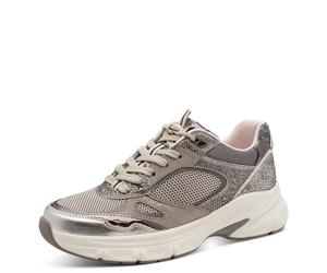 Plateausneaker TAMARIS "GREY GLAM", Damen, Gr. 40, beige (grau), Lederimitat, Textil, Mesh, glänzend, metallic, Basic, Schuhe Plateausneaker, Freizeitschuh, Halbschuh, Keilsneaker im angesagtem Metall