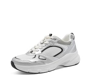 Plateausneaker TAMARIS, Herren, Gr. 41, silberfarben, Lederimitat, Textil, glänzend, metallic, Schuhe Plateausneaker, Freizeitschuh, Halbschuh, Schnürschuh mit Besätzen in Metallic-Optik (68680223-41)