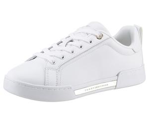 Plateausneaker TOMMY HILFIGER "CHIQUE COURT SNEAKER", Damen, Gr. 39, weiß, Leder, Schuhe Plateausneaker, Freizeitschuh, Halbschuh, Schnürer, Logoapplikation im Plateau (44425904-39) weiß