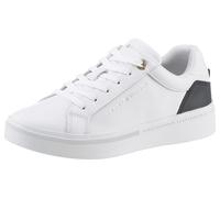 Plateausneaker TOMMY HILFIGER "ELEVATED ESSENTIAL COURT SNEAKER", Damen, Gr. 38, bunt (weiß, dunkelblau), Leder, Schuhe Plateausneaker, mit Kontrastbesatz an der Ferse, Freizeitschuh, Halbschuh, Schnü