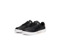 Plateausneaker TOMMY HILFIGER "ESSENTIAL CHIC COURT SNEAKER", Damen, Gr. 37, schwarz, Nappaleder, metallic, Schuhe Plateausneaker, Freizeitschuh, Halbschuh, Schnürer, goldfarbenen Details im Plateau (