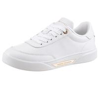 Plateausneaker TOMMY HILFIGER "ESSENTIAL CHIC COURT SNEAKER", Damen, Gr. 38, weiß, Nappaleder, metallic, Schuhe Plateausneaker, Freizeitschuh, Halbschuh, Schnürer, goldfarbenen Details im Plateau (234