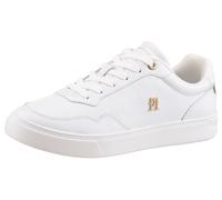 Plateausneaker TOMMY HILFIGER "ESSENTIAL ELEVATED COURT SNEAKER", Damen, Gr. 40, gold (weiß, goldfarben), Leder, Schuhe Plateausneaker, Freizeitschuh, Halbschuh, Schnürer im Basket-Look (23545360-40)