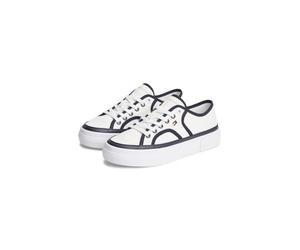 Plateausneaker TOMMY HILFIGER "PLATFORM VULC SNEAKER PIPING", Damen, Gr. 38, ecru, blau, Baumwolle, Lederimitat, Schuhe Plateausneaker, Freizeitschuh, Halbschuh, Schnürschuh mit Kontrast-Paspellierung