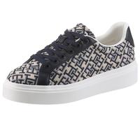 Plateausneaker TOMMY HILFIGER "TH CHIC PLATFORM MONOGRAM", Damen, Gr. 38, blau (dunkelblau, weiß), Leder, Textil, Schuhe Plateausneaker, Freizeitzeitschuh, Halbschuh, Schnürschuh mit Allover-Logodruck