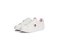 Plateausneaker TOMMY JEANS "ARCHIVE '98 VALENTINES", Damen, Gr. 42, weiß (weiß, rose), Leder, Lederimitat, kontrastfarbene Details, Schuhe Plateausneaker, Freizeitschuh, Halbschuh, Schnürschuh mit Her