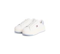 Plateausneaker TOMMY JEANS "PLATFORM LOGO SNEAKER", Damen, Gr. 39, ecru, hellblau, Leder, Lederimitat, unifarben mit Farbeinsatz, Schuhe Plateausneaker, Schnürschuh, Halbschuh, Freizeitschuh mit seitl