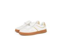 Plateausneaker TOMMY JEANS "THE GREENWICH FLAP", Damen, Gr. 41, gold (weiß, goldfarben), Lederimitat, Veloursleder, Schuhe Plateausneaker, Freizeitschuh, Halbschuh, Schnürer mit Ziernähten (48451569-4
