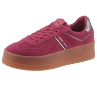 Plateausneaker TOMMY JEANS "THE GREENWICH FLATFORM ELEVATED" Gr. 40, rot, Damen, Veloursleder, Lederimitat, unifarben mit Farbeinsatz, Schuhe, Schnürschuh, Freitzeitschuh, Halbschuh mit Logo-Aufnäher