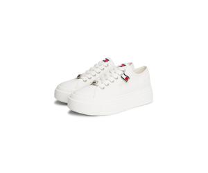 Plateausneaker TOMMY JEANS "TJW FLATFORM SNEAKER CHARMS", Damen, Gr. 36, ecru, Baumwolle, unifarben, Schuhe Plateausneaker, Halbschuh, Schnürer, Freizeischuh mit kleiner TJ-Flagge als Anhänger (886418