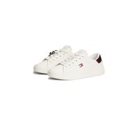 Plateausneaker TOMMY JEANS "TJW LOGO SNEAKER", Damen, Gr. 39, weiß (ivory, burgundy), Leder, kontrastfarbene Details, Basic, Schuhe Plateausneaker, Schnürer, Freizeitschuh, Halbschuh mit Label Flagge