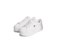 Plateausneaker TOMMY JEANS "TJW SCRIPT CUPSOLE FLATFORM", Damen, Gr. 35, weiß (ecru), Leder, kontrastfarbene Details, unifarben mit Farbeinsatz, Basic, Schuhe Plateausneaker, Freizeitschuh, Halbschuh,