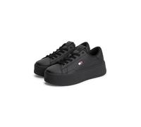 Plateausneaker TOMMY JEANS "TJW SCRIPT CUPSOLE FLATFORM", Damen, Gr. 37, schwarz, Leder, kontrastfarbene Details, unifarben, Basic, Schuhe Plateausneaker, Freizeitschuh, Halbschuh, Schnürschuh mit sei