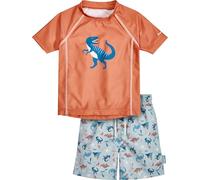 Playshoes Unisex Kinder UV-Schutz Bade-Set zweiteilig Schwimmshirt Badeshorts Badebekleidung, Dino Ocker, 86/92