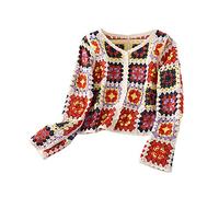 PLCPDM Lässiger, geknöpfter, gehäkelter, verkürzter Cardigan mit langen Ärmeln, ethnischer Hohlstrick, bunter Pullover für Jacken, Cover Ups, Strickjacke für Damen