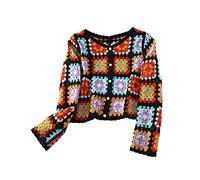 PLCPDM Lässiger, geknöpfter, gehäkelter, verkürzter Cardigan mit langen Ärmeln, ethnischer Hohlstrick, bunter Pullover für Jacken, Cover Ups, Strickjacke für Damen