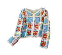 PLCPDM Lässiger, geknöpfter, gehäkelter, verkürzter Cardigan mit langen Ärmeln, ethnischer Hohlstrick, bunter Pullover für Jacken, Cover Ups, Strickjacke für Damen