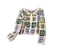 PLCPDM Lässiger, geknöpfter, gehäkelter, verkürzter Cardigan mit langen Ärmeln, ethnischer Hohlstrick, bunter Pullover für Jacken, Cover Ups, Strickjacke für Damen