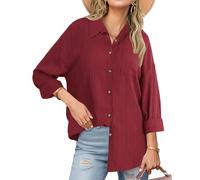 Plilima Bluse Damen Langarm Elegant - Strukturierte Damen Hemdbluse mit Knopfleiste, Langarmshirt Damen V-Ausschnitt Business Casual Hemden, Weinrot XL
