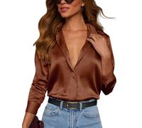 Plilima Bluse Damen Satin Seide Hemden V-Ausschnitt Lässiges Casual Satinbluse Elegant Oberteile Lockere Tops Langarm Shirt Kaffeebraun XL