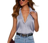 Plilima Bluse Damen Satin Seide V-Ausschnitt Elegant Hemd Ärmellose Blusen Oberteile mit Knöpfen Lässiges Shirt Lockere Business Tops, Silbergrau S