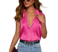 Plilima Bluse Damen Satin V-Ausschnitt Ärmellose Business Hemd Seide Elegant Lässige Oberteile Einfarbig Blusenshirt mit Knöpfen, Rosenrot 3XL