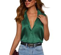 Plilima Damen Bluse Sommer Elegante Hemden Satin V-Ausschnitt Oberteile mit Knöpfen Ärmellose Business Tops Loose Basic Shirt, Dunkelgrün 2XL