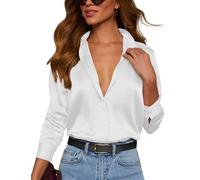 Plilima Satin Weiße Bluse Damen Sommer Seide Hemd V-Ausschnitt Bügelfreie Hemden Business Blusentop Langarm Shirt Elegante Lässiges Oberteile Lockere Tops, XXL