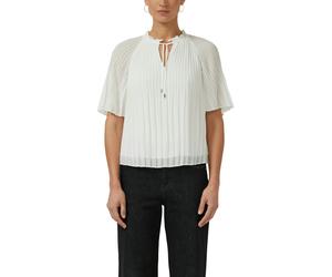Plisseebluse S.OLIVER BLACK LABEL, Damen, Gr. 34, ecru, Web, Obermaterial: 100% Polyester, unifarben, hüftlang, Rundhals, Blusen, mit Plissee, bedruckte Optik, pflegeleicht, hüftlange Passform (710126