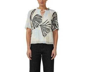 Plisseebluse S.OLIVER BLACK LABEL, Damen, Gr. 48, ecru aop, Obermaterial: 100% Polyester, bedruckt, hüftlang, Rundhals, Blusen, leicht ausgestellte 3/4-Ärmel, mit Schleife am Ausschnitt (20150825-48)